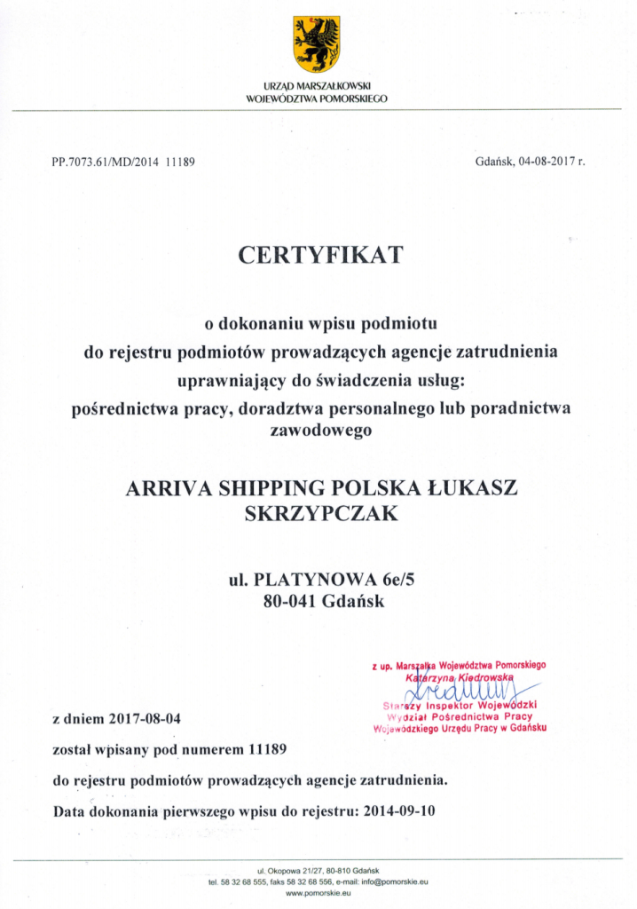 Certyfikat o dokonaniu do wpisu podmiotu do rejestru podmiotów prowadzących rejestr agencji zatrudnienia. Pośrednictwo pracy dla marynarzy Arriva Shipping Polska.