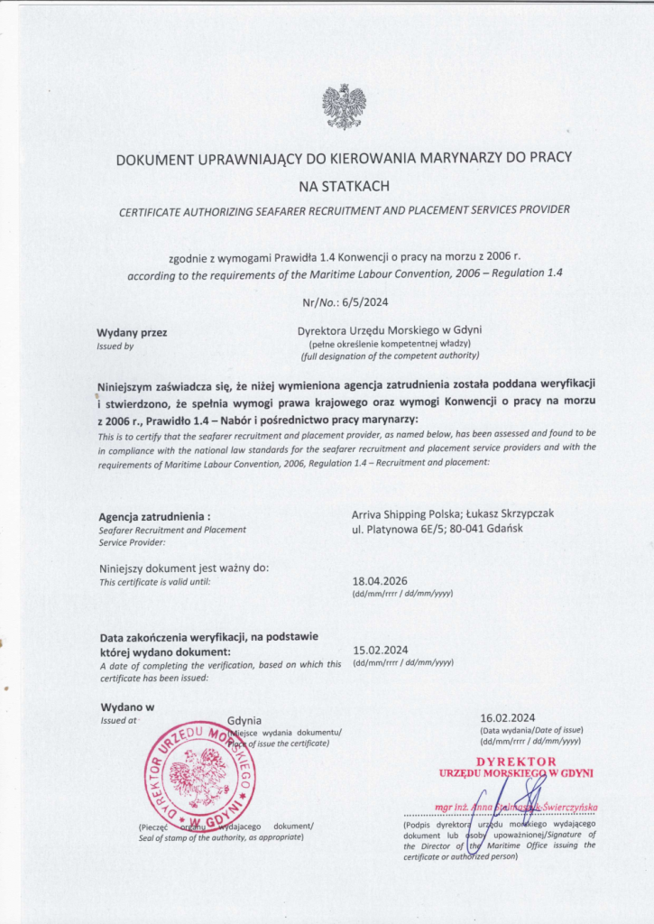 Dokument uprawniający do kierowania marynarzy do pracy na statkach. Pośrednictwo pracy dla marynarzy Arriva Shipping Polska.